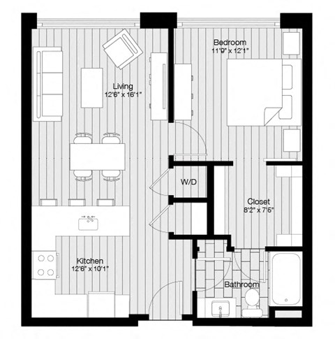 Floor plan for 1 bed, 1 bath, 700 sqft